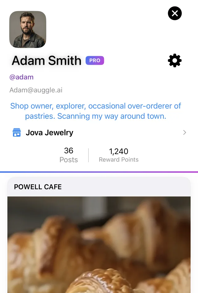 A profile in Auggle showing 36 posts and 1,240 reward points