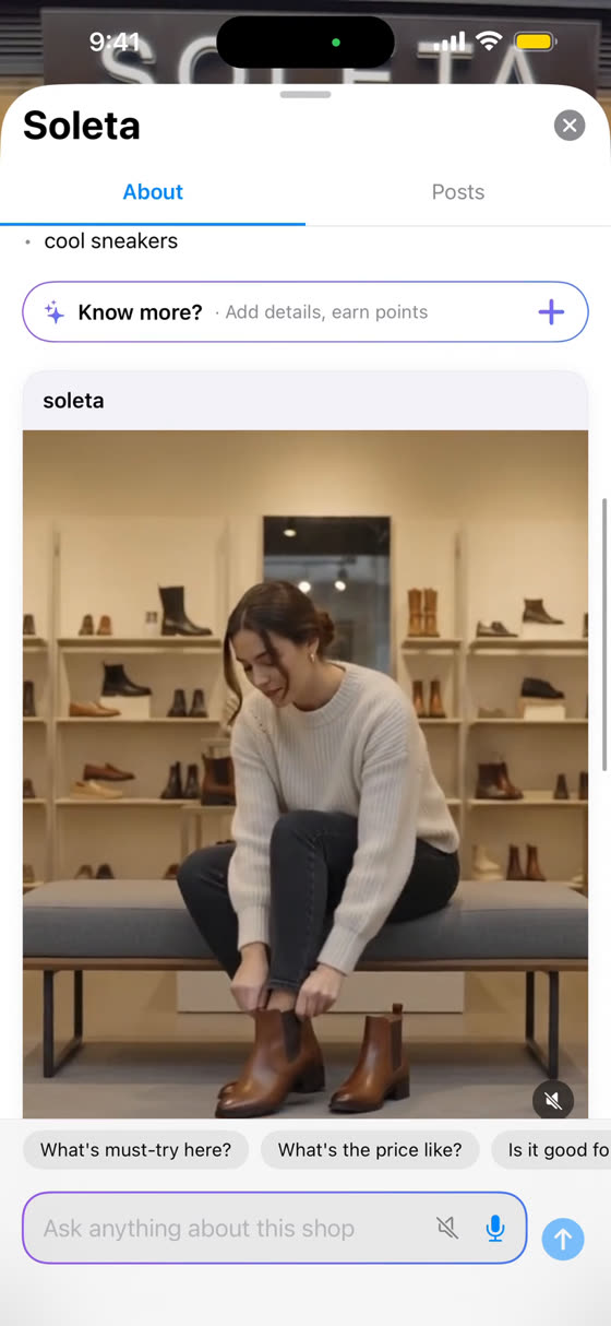 A shoe shop's feed in Auggle, with the Ask anything input